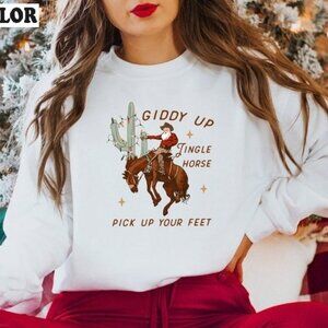 Cowboy Christmas Giddy Up Jingle Horse Pick Up Your Feet Howdy Sweatshirt 24